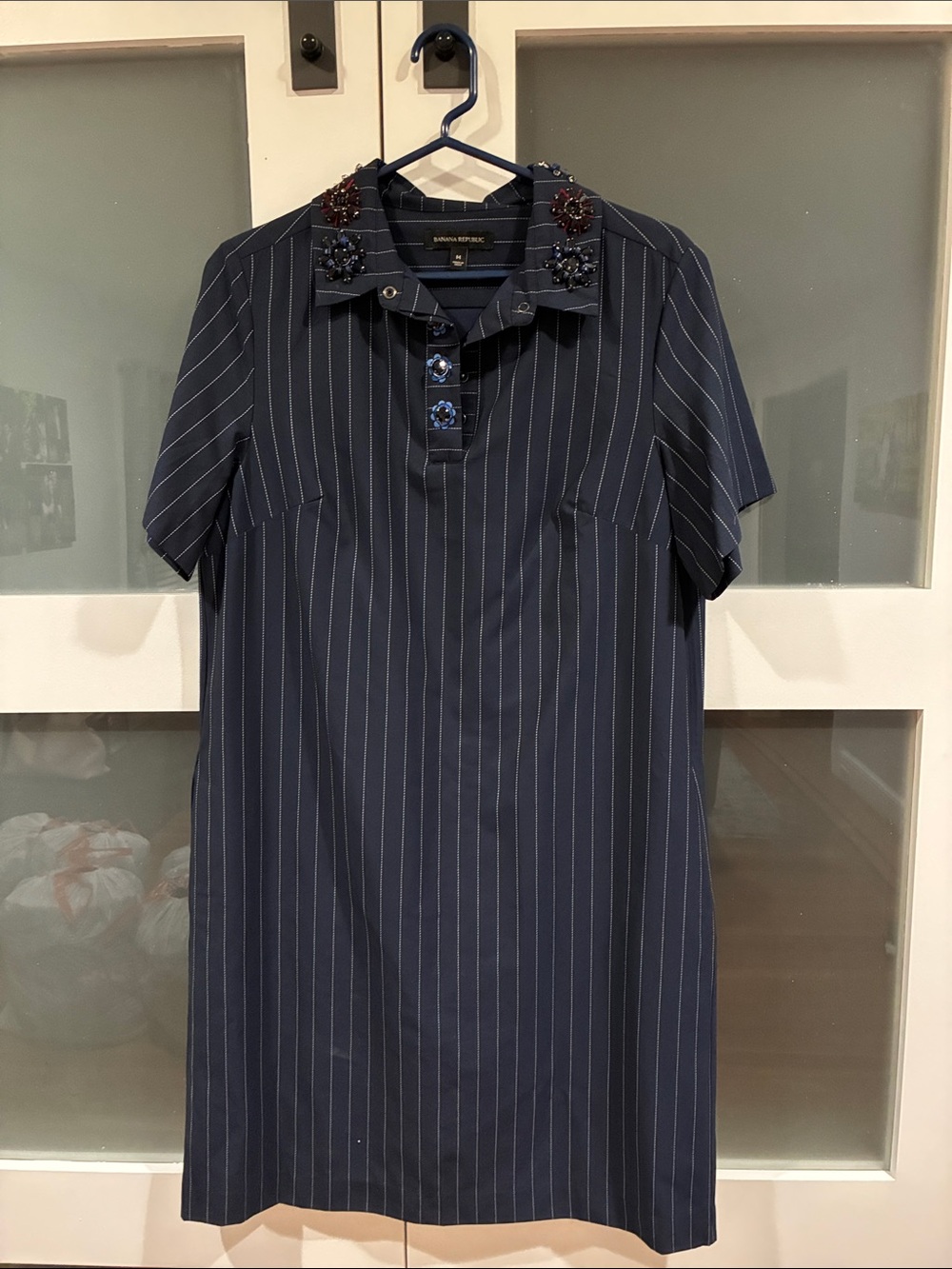 Banana Republic Navy Pinstripe Embellished-Collar Sheath Dress
